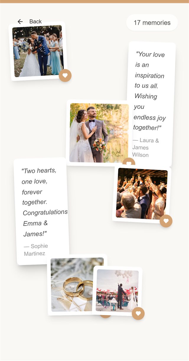 The memory wall — guest photos and messages scattered like polaroids