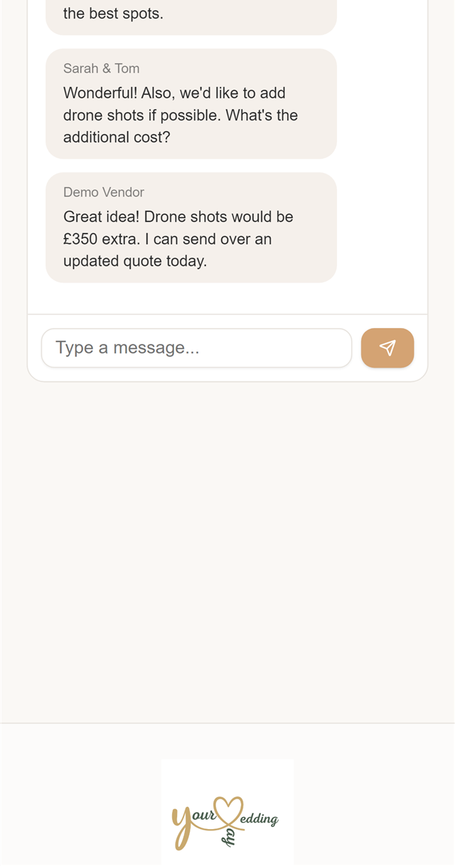 The vendor workspace — messages, contracts, milestones and invoices