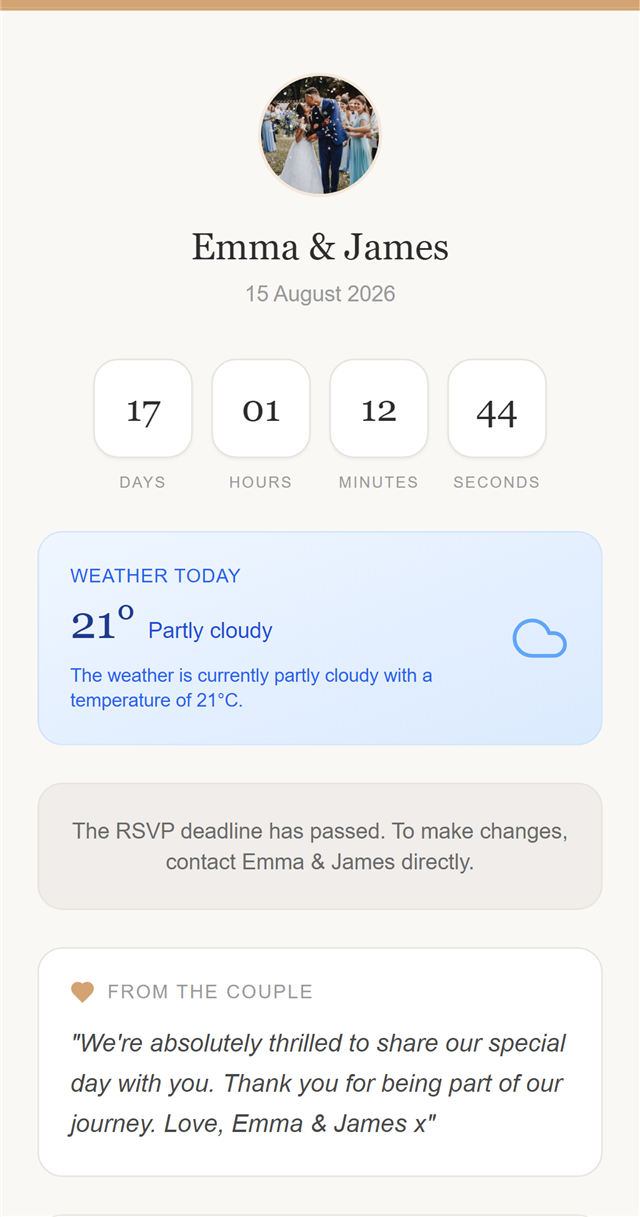 The wedding app home screen — countdown, weather and a message from the couple